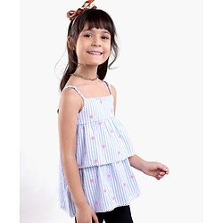 Babyhug Singlet Sleeves Striped Top With Embroidery- Blue