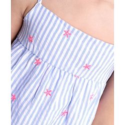 Babyhug Singlet Sleeves Striped Top With Embroidery- Blue