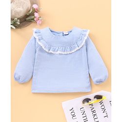 Babyhug Full Sleeves Cotton Textured Dobby Top With Lace & Frill Detailing- Blue