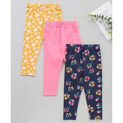 Babyhug Knit Full Length Leggings Floral Print Pack of 3 - Pink Blue Yellow