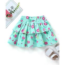 Babyhug Mid Thigh Layered Skirt Floral Print & Bow Applique - Sky Blue