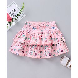 Babyhug Mid Thigh Layered Skirt Floral Print & Bow Applique - Pink