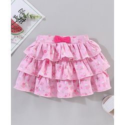 Babyhug Knee Length Frilled Cotton Skirt Floral Print With Bow Applique - Pink