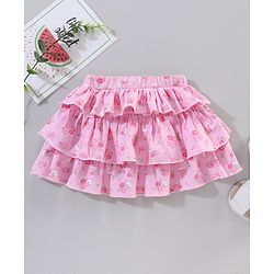 Babyhug Knee Length Frilled Cotton Skirt Floral Print With Bow Applique - Pink