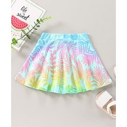 Babyhug Knit Knee Length Flared Skirt Leaves Print - Blue