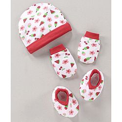 Babyhug 100% Cotton Cap Mittens & Booties Set Printed Red - Diameter 11 cm