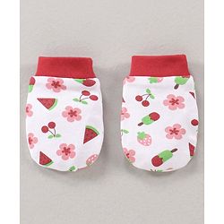 Babyhug 100% Cotton Cap Mittens & Booties Set Printed Red - Diameter 11 cm
