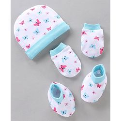 BabyhBLUEug 100% Cotton Cap Mitten Booties Set Butterfly Print Blue - Diameter 11 cm