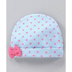 Babyhug 100% Cotton Cap With Bow Applique Heart Print Blue- Diameter 10 cm