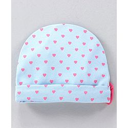 Babyhug 100% Cotton Cap With Bow Applique Heart Print Blue- Diameter 10 cm