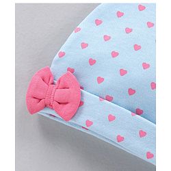 Babyhug 100% Cotton Cap With Bow Applique Heart Print Blue- Diameter 10 cm