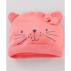 Babyhug 100% Cotton Knit Cap Bear Face Print Pink - Diameter 14.5 cm