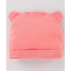 Babyhug 100% Cotton Knit Cap Bear Face Print Pink - Diameter 14.5 cm
