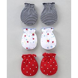 Babyhug Mittens Set Striped, Floral & Polka Dot Printed Pack of 3 - White Red Black