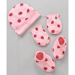 Babyhug 100% Cotton Cap Mittens & Booties With Strawberry Print - Pink