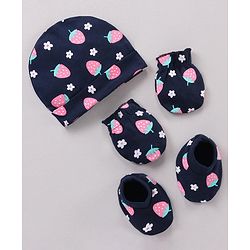 Babyhug 100% Cotton Cap Mittens & Booties Set Strawberry Print Navy Blue - Cap Diameter 11 cm
