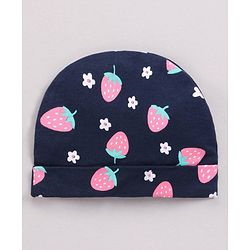 Babyhug 100% Cotton Cap Mittens & Booties Set Strawberry Print Navy Blue - Cap Diameter 11 cm