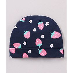 Babyhug 100% Cotton Cap Mittens & Booties Set Strawberry Print Navy Blue - Cap Diameter 11 cm