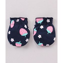 Babyhug 100% Cotton Cap Mittens & Booties Set Strawberry Print Navy Blue - Cap Diameter 11 cm