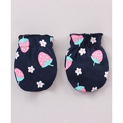 Babyhug 100% Cotton Cap Mittens & Booties Set Strawberry Print Navy Blue - Cap Diameter 11 cm