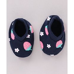 Babyhug 100% Cotton Cap Mittens & Booties Set Strawberry Print Navy Blue - Cap Diameter 11 cm