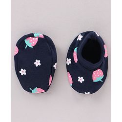 Babyhug 100% Cotton Cap Mittens & Booties Set Strawberry Print Navy Blue - Cap Diameter 11 cm