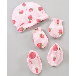 Babyhug 100% Cotton Caps Mittens & Booties Set Strawberry Printed - Diameter 18 cm