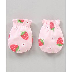 Babyhug 100% Cotton Caps Mittens & Booties Set Strawberry Printed - Diameter 18 cm