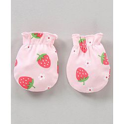 Babyhug 100% Cotton Caps Mittens & Booties Set Strawberry Printed - Diameter 18 cm