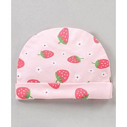 Babyhug 100% Cotton Caps Mittens & Booties Set Strawberry Printed - Diameter 18 cm