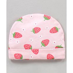 Babyhug 100% Cotton Caps Mittens & Booties Set Strawberry Printed - Diameter 18 cm