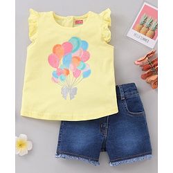 Babyhug Frill Sleeves Knit Top & Denim Shorts Set Glittered Balloons & Bow Print - Yellow Blue