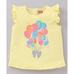 Babyhug Frill Sleeves Knit Top & Denim Shorts Set Glittered Balloons & Bow Print - Yellow Blue