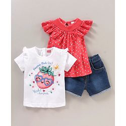 Babyhug Half Sleeves Tops & Denim Shorts Strawberry & Heart Print - Red White
