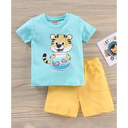 Babyhug Half Sleeves T-shirt With Shorts Animal Print - Yellow and Blue