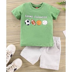 Babyhug Half Sleeves Knit T-Shirt & Shorts Set Sports Ball Print - Green Grey