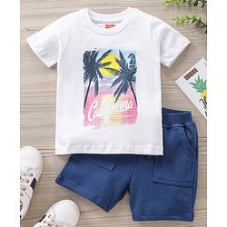Babyhug Half Sleeves T-Shirt & Shorts Set California Print - White Navy