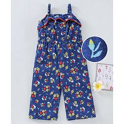 Babyhug 100%Cotton Singlet Jumpsuit Floral Print - Navy Blue