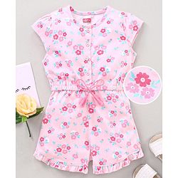 Babyhug 100% Cotton Cap Sleeves Jumpsuit Floral Print - Pink