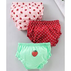 Babyhug Cotton Bloomers Polka Dot & Strawberry Printed Pack of 3 - Red Pink Green