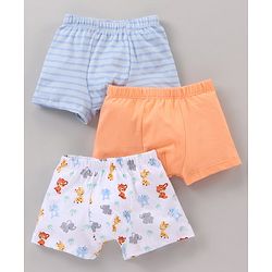 Babyhug 100% Cotton Striped & Animal Printed Briefs Pack Of 3 - Blue Orange & White