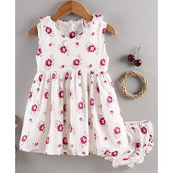 Babyhug 100% Rayon Sleeveless Frock With Bloomer Floral Print- White Pink
