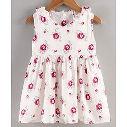 Babyhug 100% Rayon Sleeveless Frock With Bloomer Floral Print- White Pink