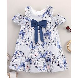 Babyhug 100% Cotton Yarn Dyed Cold Shoulder Sleeves Frock With Stripes & Butterfly Print - Blue
