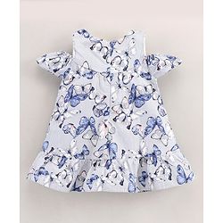 Babyhug 100% Cotton Yarn Dyed Cold Shoulder Sleeves Frock With Stripes & Butterfly Print - Blue
