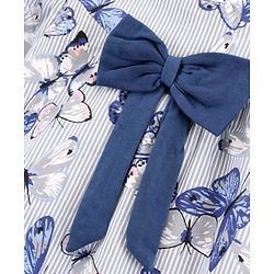 Babyhug 100% Cotton Yarn Dyed Cold Shoulder Sleeves Frock With Stripes & Butterfly Print - Blue