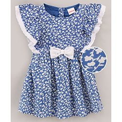Babyhug 100% Rayon Flutter Sleeves Frock Floral Print & Bow Applique - Blue