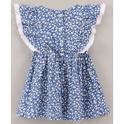 Babyhug 100% Rayon Flutter Sleeves Frock Floral Print & Bow Applique - Blue
