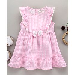 Babyhug 100 % Cotton Sleeveless Frock With Bow Applique Checks Print- Pink