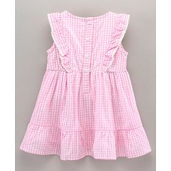 Babyhug 100 % Cotton Sleeveless Frock With Bow Applique Checks Print- Pink